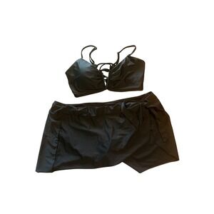 Time and Tru 2X Black Two Piece Swimsuit Skirt High Waist Deep V Plus‎ Size